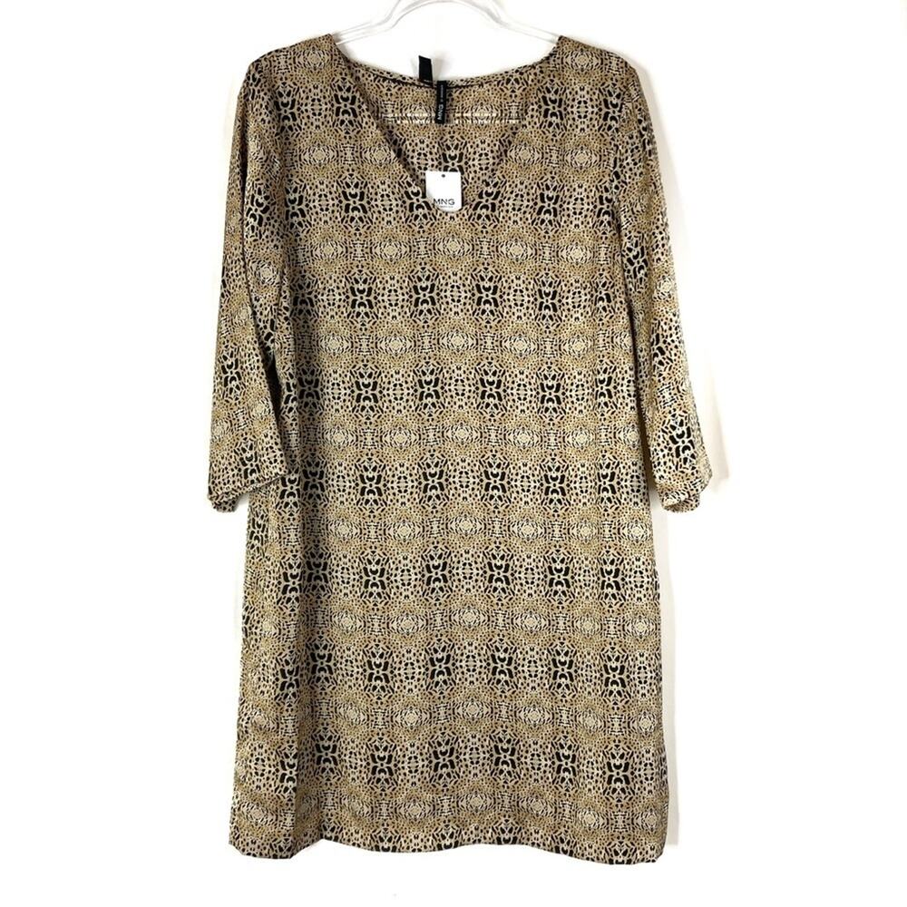 MANGO | Cheetah Print Kibuka Dress V-Neck Tan Black Polyester NWT Womens 10